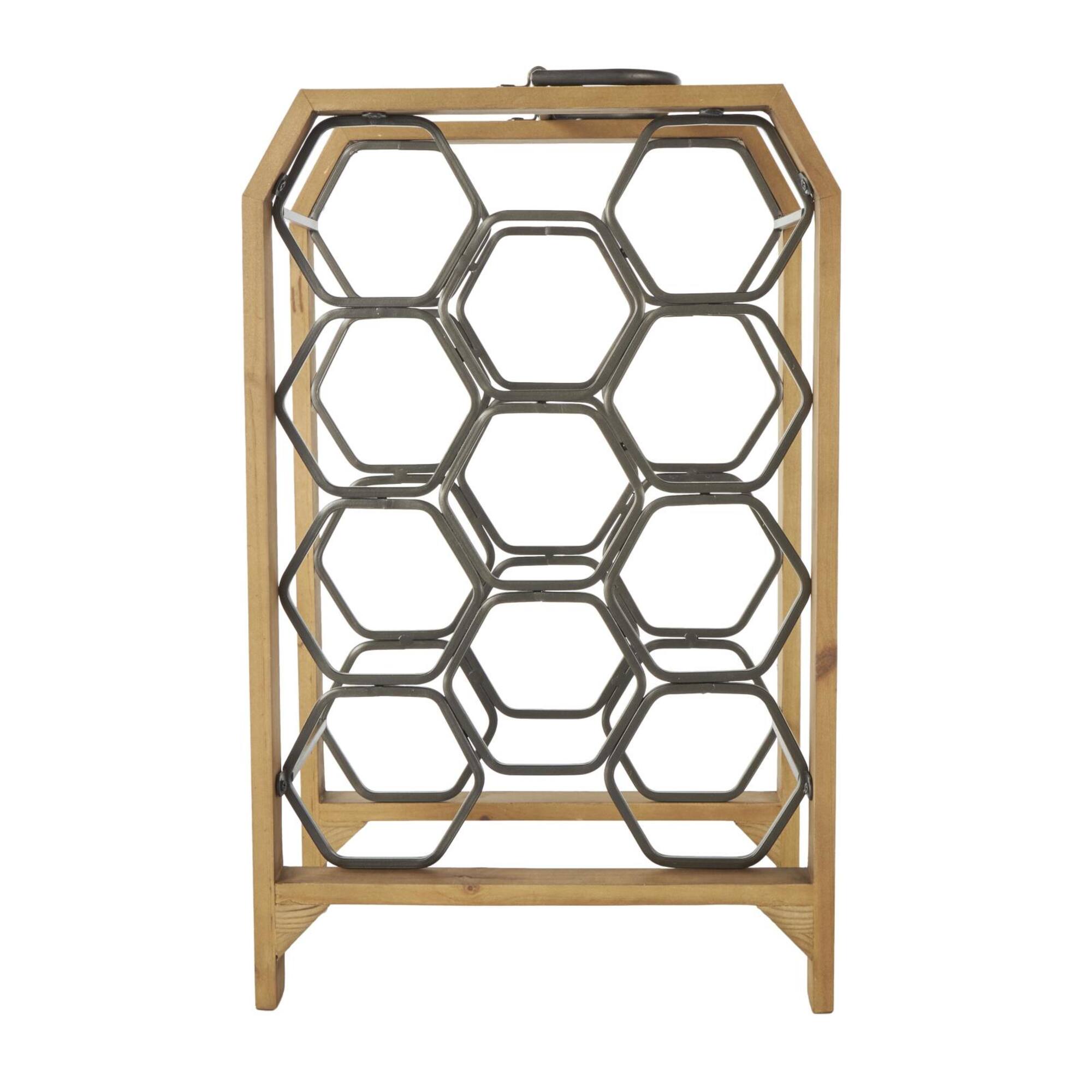 12" x 9" x 20" Brown Geometric 11 Slot Wooden Wine Rack with Gray Metal Curved Teardrop Holders